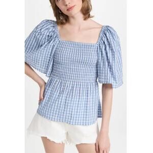 Anthropologie Stella Nova Plaid Penelope Blouse Top Checkered Smocked Cutout